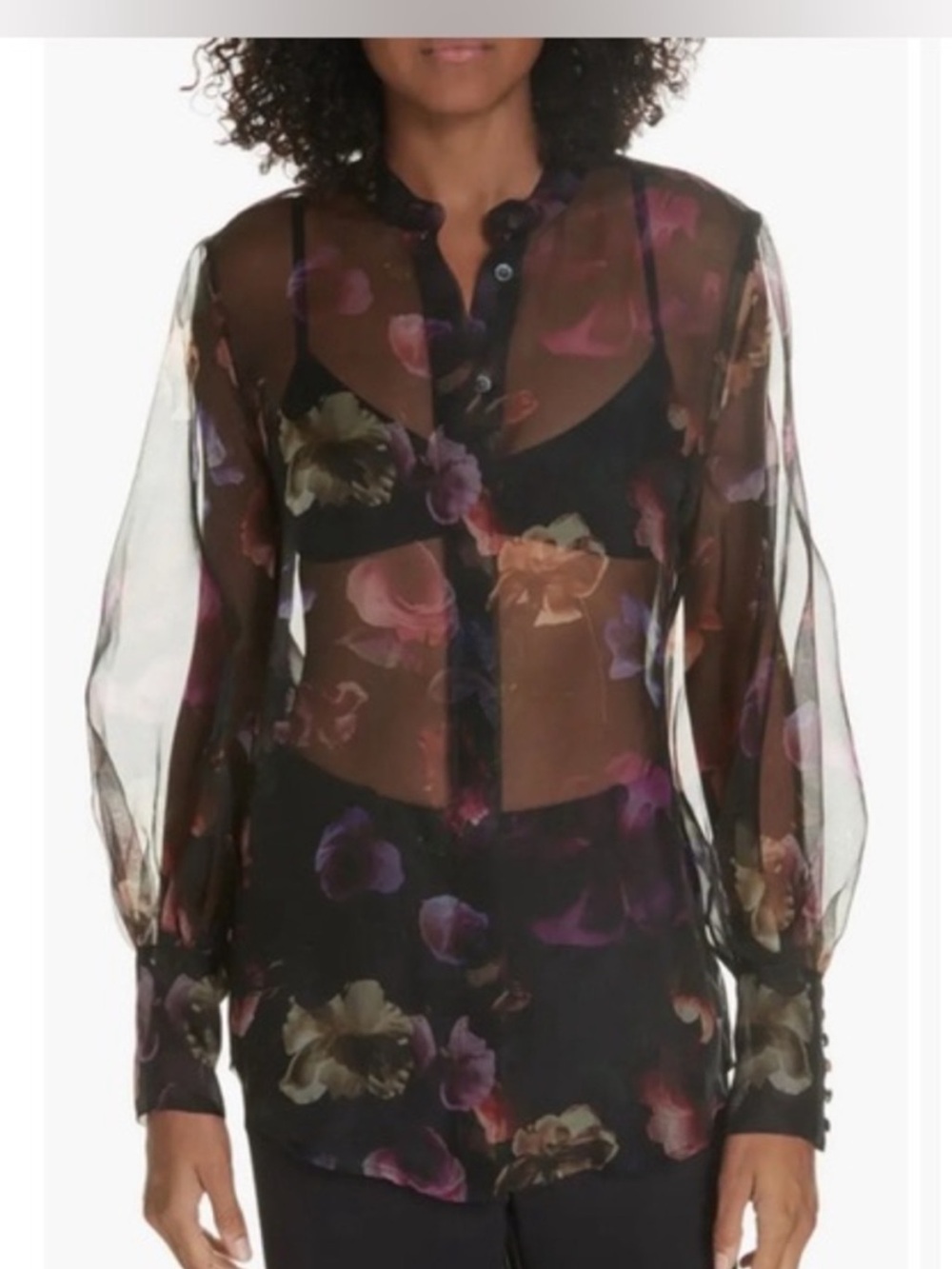 NWTEquipment Sheer Silk Floral Button-Front Blouse — Black with Purple